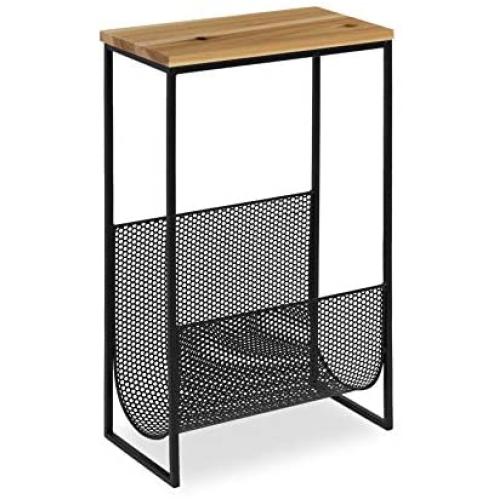 Kate and Laurel Galen Accent Side Table and Magazine Rack with Natural Wood Top and Black Metal Base