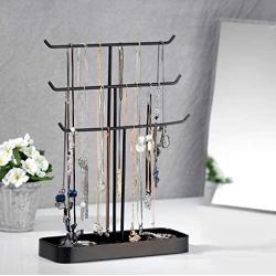 JackCubeDesign Metal 3 Tier Jewelry Display Stand Tree Organizer Necklace Holder Rack Hanger Accessory Tower with Earring Ring Tray Storage for Dresser, Vanity, Tabletop, Bedroom (Black) -MK320D