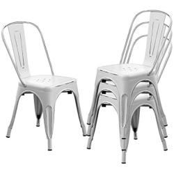 BONZY HOME Metal Dining Chairs Distressed Style, Stackable Side Chairs with Back, Indoor Outdoor Use Chair for Farmhouse, Patio, Restaurant, Kitchen, Set of 4(Distressed White)