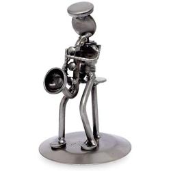 UKN Handmade Auto Part Rustic Saxophonist Sculpture (Mexico) Silver Metal