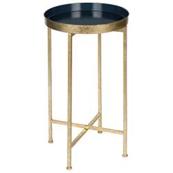 Kate and Laurel Celia Round Metal Foldable Tray Accent Table, Navy Blue with Gold Base