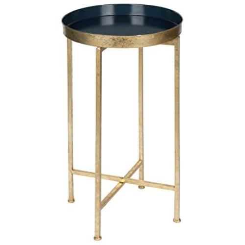 Kate and Laurel Celia Round Metal Foldable Tray Accent Table, Navy Blue with Gold Base