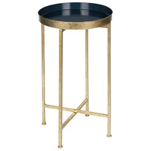 Kate and Laurel Celia Round Metal Foldable Tray Accent Table, Navy Blue with Gold Base Kate and Laurel Celia Round Metal Foldable Tray Accent Table, Navy Blue with Gold Base
