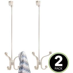 mDesign Metal Modern Long Easy Reach Over The Door Storage Organizer Rack - Hang Coats, Hoodies, Jackets, Hats, Scarves, Purses, Leashes, Towels, Robes, Clothing - 4 Hooks, 2 Pack - Satin