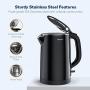 Electric Kettle, Miroco 1.5L Double Wall 100% Stainless Steel BPA-Free Cool Touch Tea Kettle with Overheating Protection, Cordless with Auto Shut-Off