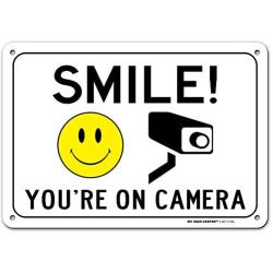 Smile Youre On Camera Sign, Video Surveillance Warning, 7” x 10” Industrial Grade Aluminum, Easy Mounting, Rust-Free/Fade Resistance, Indoor/Outdoor, USA Made by MY SIGN CENTER