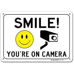 Smile Youre On Camera Sign, Video Surveillance Warning, 7” x 10” Industrial Grade Aluminum, Easy Mounting, Rust-Free/Fade Resistance, Indoor/Outdoor, USA Made by MY SIGN CENTER