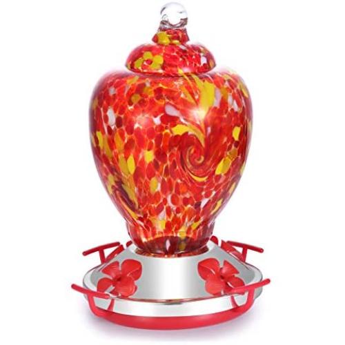 Hapito Hummingbird Feeder for Outdoors - Hand Blown Glass, 26 Ounces Nectar Capacity, No Leaking/Rustless, Containing Ant Moat, Metal Hook, Hemp Rope and Brush
