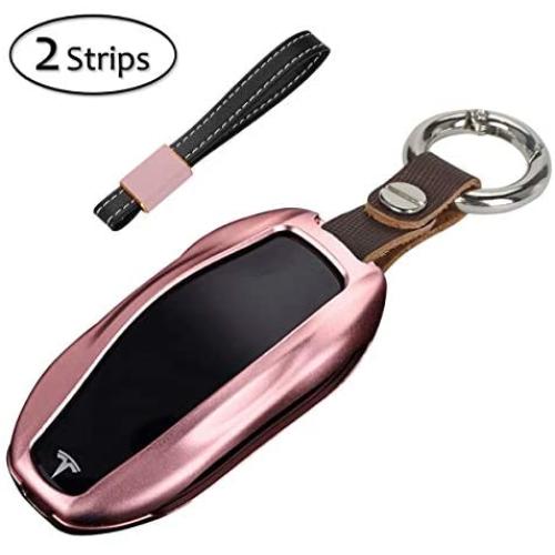 AziPro Tesla Key Fob Cover Case, Alumium Hard Keyless Remote Flip Key Protection Case Shell Cover Key Chain for Men Women (Model S & Model 3, Rose Gold)