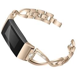 Joyozy Metal X-Link Bling Bands Compatible with Fitbit Charge 3/ Charge 3 SE Smartwatch, Replacement Wrist Accessory Fitness Bands Straps Bracelet Wristbands Women Men(Champagne Gold)