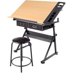 Yaheetech Height Adjustable Drafting Table Desk Drawing Table Desk with P2 Tiltable Tabletop, Stool and 2 Storage Drawers for Reading, Writing,Studying Art Craft Work Station