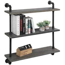 MyGift 32-inch Rustic Gray Wood & Industrial Pipe Wall Mounted 3-Tier Floating Bookshelf Display Shelving Unit