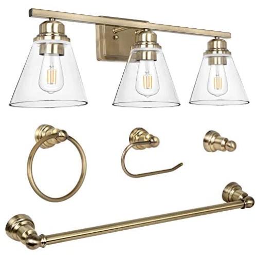 3-Light Vanity Light Fixture, 5-Piece All-in-One Bathroom Set (E26 Bulb Base), Brushed Gold Wall Sconce Lighting with Glass Shads, ETL Listed