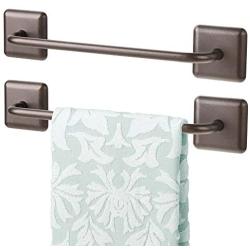 mDesign Metal Bathroom Storage Towel Bar with Strong Self Adhesive - Holder Rack for Hanging Washcloths, Hand, Face Towels in Main or Guest Powder Rooms - 2 Pack - Bronze