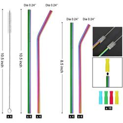 Reusable Metal Straws with Silicone Travel Case Cleaning Brush Long Stainless Steel Straws Bent Drinking Straw for 20 and 30 oz Tumbler diameter 0.24 inch (rainbow)