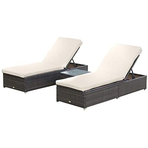 Outsunny 3-Piece Rattan Wicker Patio Chaise Lounge Set with 5 Backrest Angles, Thick Cushions, & Matching Table, Brown