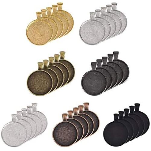 70 Pieces 7 Colors Pendant Trays Round Bezel Blanks for Jewelry Making, Metal Alloy Cabochon Round Dome-25 mm/1 inch Diameter (Colorful) for Crafting DIY Photo Pendant