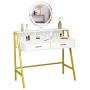 Tiptiper Vanity Table Set with Lighted Mirror & 3 Color Lighting Modes, Makeup Vanity Desk with 2 Large Drawers & Desktop Shelf, Elegant Dressing Table with Metal Frame for Women Girls, Gold & White