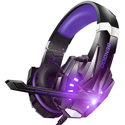 BENGOO G9000 Stereo Gaming Headset for PS4, PC, Xbox One Controller, Noise Cancelling Over Ear Headphones with Mic, LED Light, Bass Surround, Soft Memory Earmuffs (Purple)