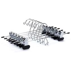 6 Quality Pants Hangers Heavy Duty Add-on Skirt/Slack Metal Hanger, Extra Wide Adjustable Clips, Multi Stackable Add on Hangers, Chrome, Jeans, Bottoms, Set of 6