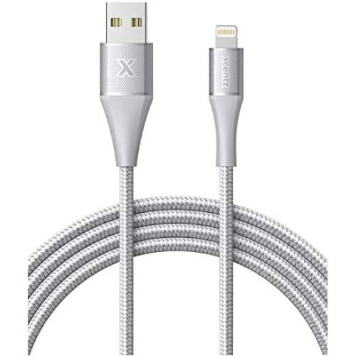 Lightning Cable 3ft Xcentz, MFi Certified iPhone Charger, Braided Nylon Fast Charging iPhone Cable with Premium Metal Connector for iPhone 11/11 Pro/X/XS/XR/XS Max/8, iPad Mini/Air-Silver