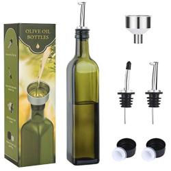 Aozita 17oz Glass Olive Oil Bottle - 500ml Green Oil & Vinegar Cruet with Pourers and Funnel - Olive Oil Carafe Decanter for Kitchen