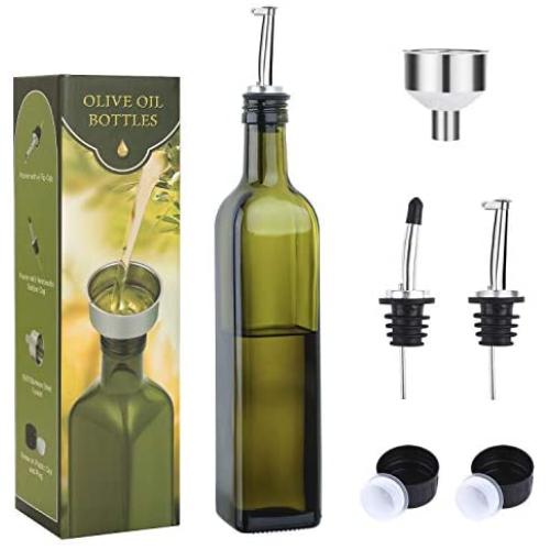 Aozita 17oz Glass Olive Oil Bottle - 500ml Green Oil & Vinegar Cruet with Pourers and Funnel - Olive Oil Carafe Decanter for Kitchen