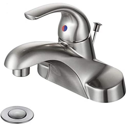 WOWOW Bathroom Faucet 1 Handle Low Arc Single Handle 4 inch Centerset Bathroom Sink Faucet with Pop Up Drain Assembly Basin Mixer Tap Brushed Nickel Vanity Faucets