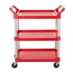 Rubbermaid Commercial Products Heavy Duty 3-Shelf Rolling Service/Utility/Push Cart, 200 lbs. Capacity, Red, for Foodservice/Restaurant/Cleaning (FG342488RED)