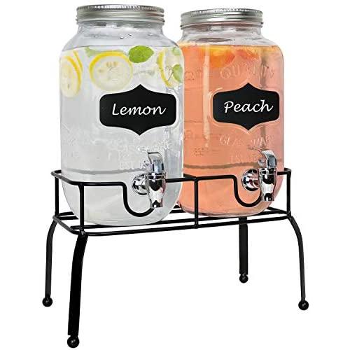 Estilo Glass Set of 2 Mason Jars Beverage Drink Dispensers on Metal Stand with Chalkboard Labels and Chalk with Lids and Leak Free Spigots-1 Gallon