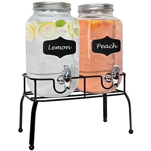 Estilo Glass Set of 2 Mason Jars Beverage Drink Dispensers on Metal Stand with Chalkboard Labels and Chalk with Lids and Leak Free Spigots-1 Gallon Estilo Glass Set of 2 Mason Jars Beverage Drink Dispensers on Metal Stand with Chalkboard Labels and Chalk with Lids and Leak Free Spigots-1 Gallon