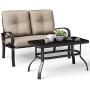 Giantex 2 Pcs Patio Loveseat with Coffee Table Outdoor Bench with Cushion and Metal Frame, Loveseat Furniture Set Sofa for Garden, Yard, Patio or Poolside