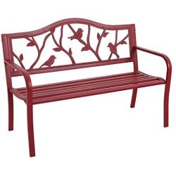 MFSTUDIO Outdoor Patio Garden Bench 50in Metal Seating Chair Furniture for Backyard, Porch, Lawn, Park, Pastoral Bird Design Back, Pink Red