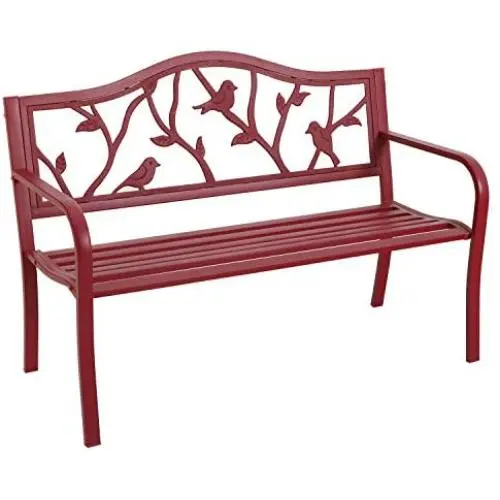 MFSTUDIO Outdoor Patio Garden Bench 50in Metal Seating Chair Furniture for Backyard, Porch, Lawn, Park, Pastoral Bird Design Back, Pink Red MFSTUDIO Outdoor Patio Garden Bench 50in Metal Seating Chair Furniture for Backyard, Porch, Lawn, Park, Pastoral Bird Design Back, Pink Red