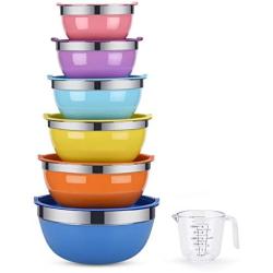 Mixing Bowls, Weiyudang 6 piece Salad Bowl Stainless Steel Basin Metal Bowls Set With Colorful Lids - Set Includes 2, 2.5, 3, 4, 5.5, 7Quart, Measuring Cup as a Gift