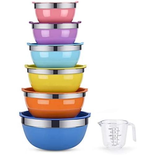 Mixing Bowls, Weiyudang 6 piece Salad Bowl Stainless Steel Basin Metal Bowls Set With Colorful Lids - Set Includes 2, 2.5, 3, 4, 5.5, 7Quart, Measuring Cup as a Gift