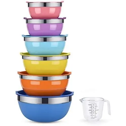 Mixing Bowls, Weiyudang 6 piece Salad Bowl Stainless Steel Basin Metal Bowls Set With Colorful Lids - Set Includes 2, 2.5, 3, 4, 5.5, 7Quart, Measuring Cup as a Gift Mixing Bowls, Weiyudang 6 piece Salad Bowl Stainless Steel Basin Metal Bowls Set With Colorful Lids - Set Includes 2, 2.5, 3, 4, 5.5, 7Quart, Measuring Cup as a Gift