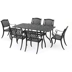 Christopher Knight Home Cayman Outdoor 6-Seater Cast Aluminum Dining Set, 7-Pcs Set, Black Sand