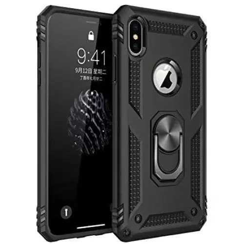 Military Grade Drop Impact for iPhone Xs Max Case 6.5 inch 360 Metal Rotating Ring Kickstand Holder Built-in Magnetic Car Mount Armor Shockproof Cover for iPhone Xs Max Protection Case (Black)