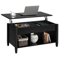 YAHEETECH Minimalist Wooden Lift Top Coffee Table w/Hidden Storage Compartment & Lower 3 Cube Open Shelves for Living Room/Reception Room/Office, Black