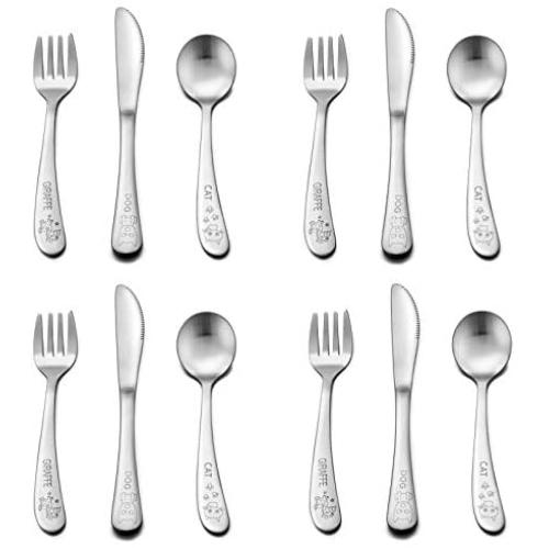 12 Piece Toddler Baby Silverware Set, E-far Stainless Steel Kids Safe Utensils, Training Metal Child Flatware Cutlery Set, Include 4 Small Spoons, 4 Forks, 4 Knives - Dishwasher Safe