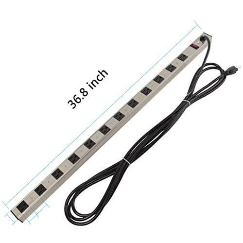 Power Strip Heavy Duty Metal 12 Outlets Power Socket with 15ft Long Cord and Circuit Breaker