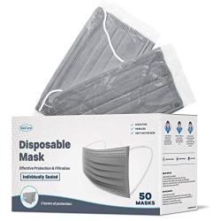 WeCare Disposable Face Mask Individually Wrapped - 50 Pack, Grey Masks 3 Ply