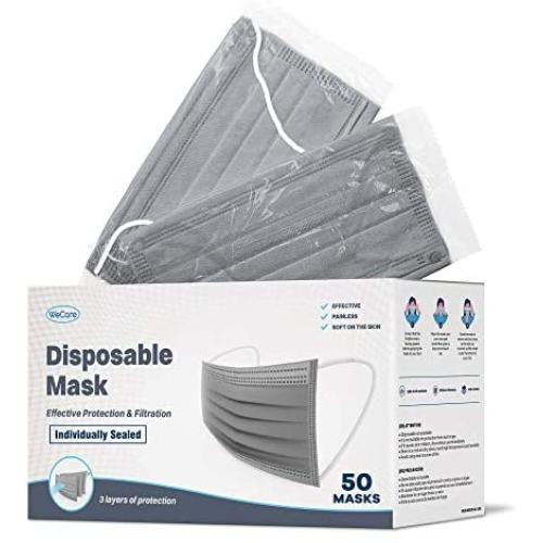 WeCare Disposable Face Mask Individually Wrapped - 50 Pack, Grey Masks 3 Ply
