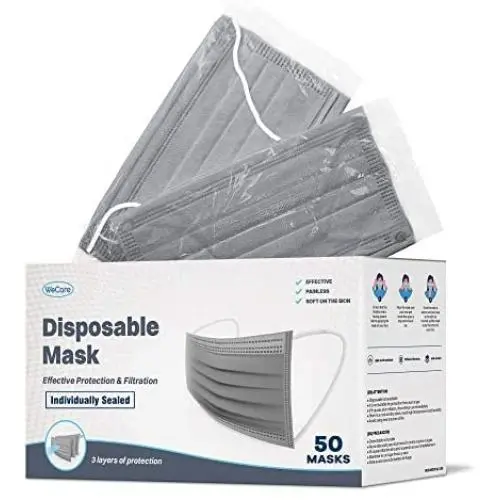 WeCare Disposable Face Mask Individually Wrapped - 50 Pack, Grey Masks 3 Ply