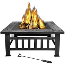 LEMY 32 inch Outdoor Square Metal Firepit Backyard Patio Garden Stove Wood Burning BBQ Fire Pit with Rain Cover, Faux-Stone Finish