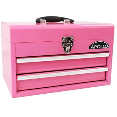 APOLLO TOOLS Pink Metal Tool Box with Deep Top Compartment and 2 Drawers in Heavy-Duty Steel Chest With Ball Bearing Opening And Powder Coated Finish - Pink Ribbon - DT5010P