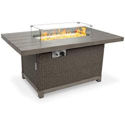 Best Choice Products 52in 50,000 BTU Wicker Propane Fire Pit Table w/Aluminum Tabletop, Glass Wind Guard, Storage Cover, Glass Beads, Easy Access Tank Cabinet