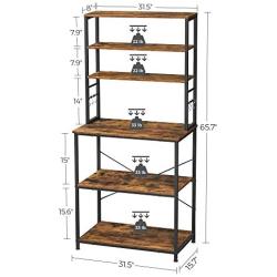 VASAGLE Bakers Rack, Microwave Oven Stand, 6-Tier Kitchen Utility Storage Shelf, 6 Hooks and Metal Frame, Industrial, 31.5 x 15.7 x 65.7 Inches, Rustic Brown and Black UKKS019B01