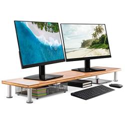 Large Dual Monitor Stand for Computer Screens - Solid Bamboo Riser Supports The Heaviest Monitors, Printers, Laptops or TVs - Perfect Shelf Organizer for Office Desk Accessories & TV Stands (Natural)